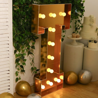 Giant LED Marquee Light Up Letter "T", Gold 4ft Pre-Cut Foam Board with 10 Warm White Battery Operated LEDs, Glue Gun and Sticks