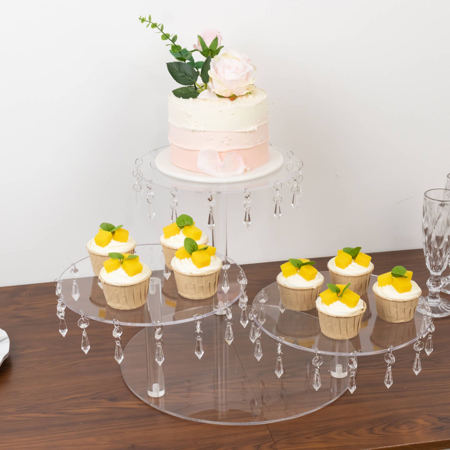 3-Tier Acrylic Cake Stand Clear with Hanging Crystal Pendants – Dessert Display for Weddings & Parties
