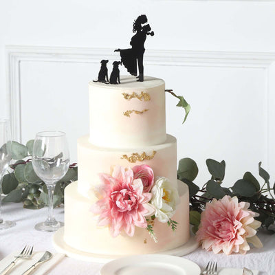 Acrylic Cake Toppers Black Silhouette Design of Bride Groom and Pet Dogs - Wedding Cake Decoration Set 7’’ - Decorations