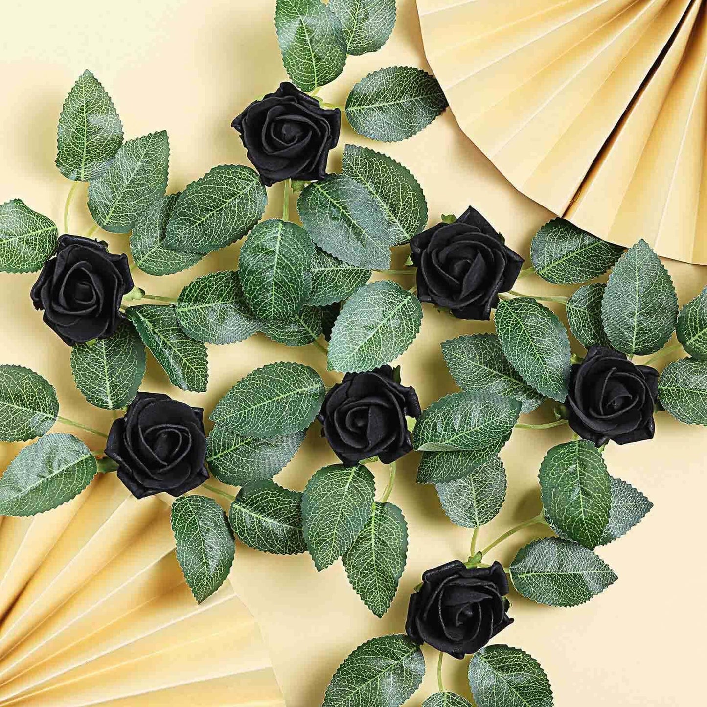 24 Roses 2" Black Artificial Foam Flowers With Stem Wire and Leaves