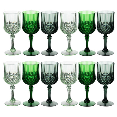 12-Pack Plastic Cocktail Goblets Assorted Green Transparent Crystal Cut - Shatterproof Drinkware 8oz