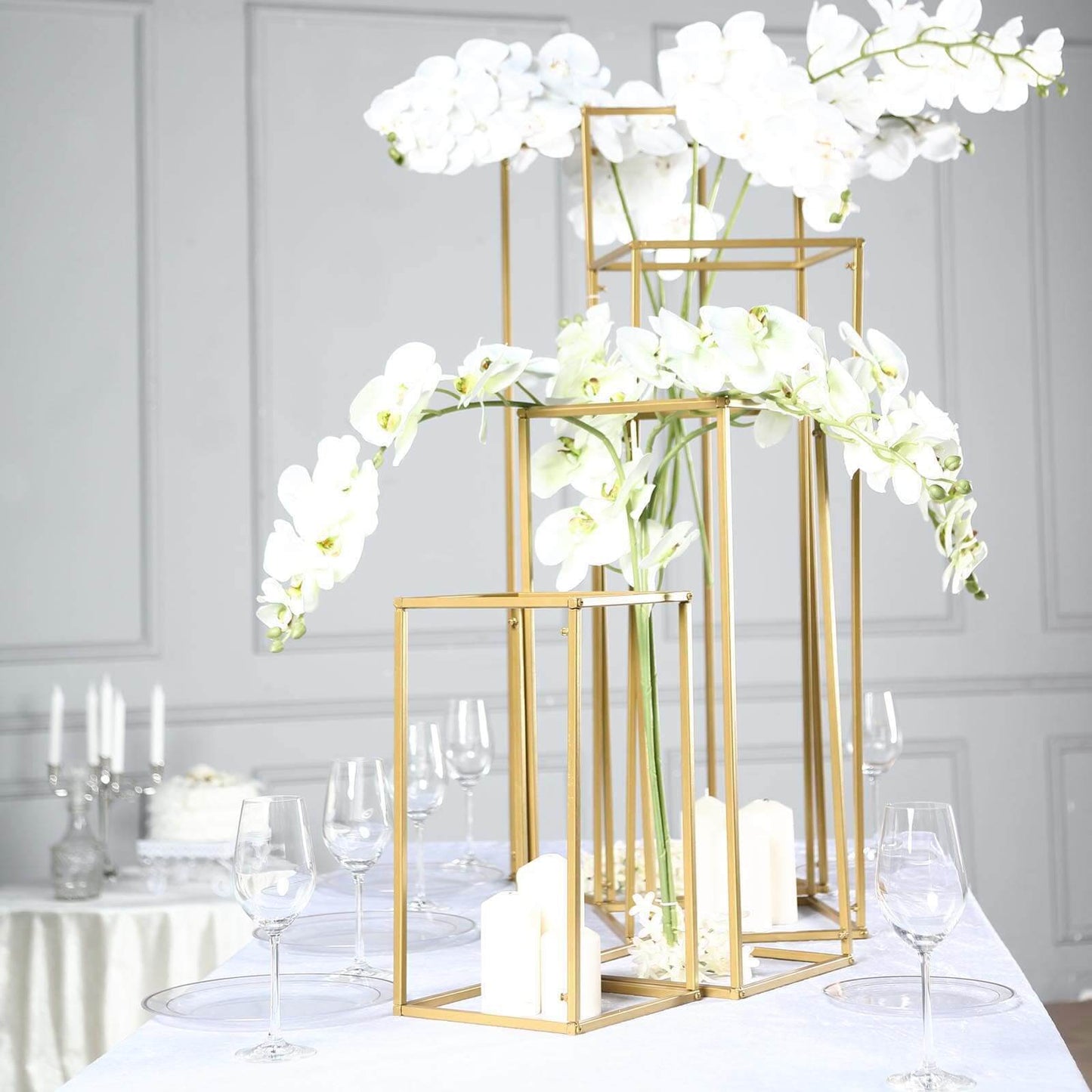 Set of 4 Metal Flower Stands Frame Wedding Column Centerpieces Matte Gold - Durable Display 16"/24"/32"/40"