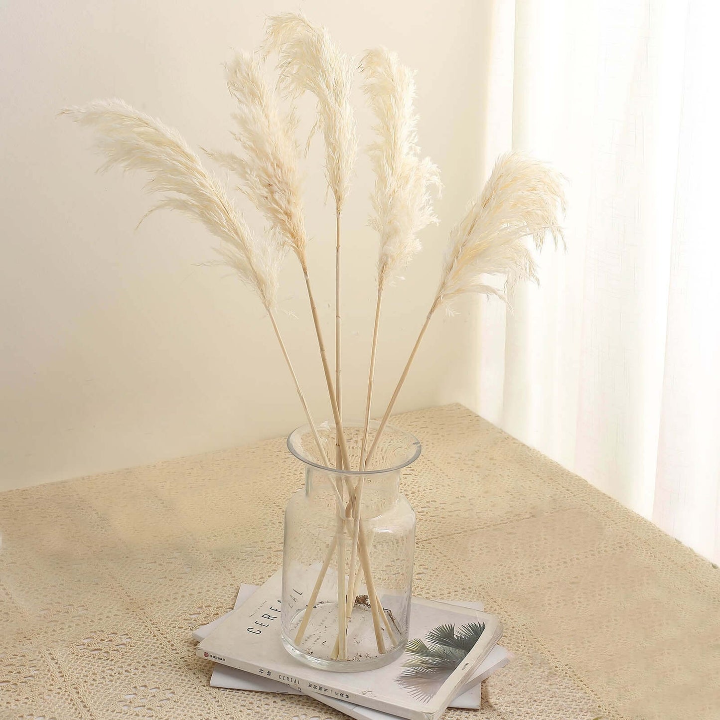 6 Stems Natural Dried Pampas Grass Decor Off White Tint - Versatile Plant Sprays for Boho Chic Vase Displays Backdrops & Event Styling 32"