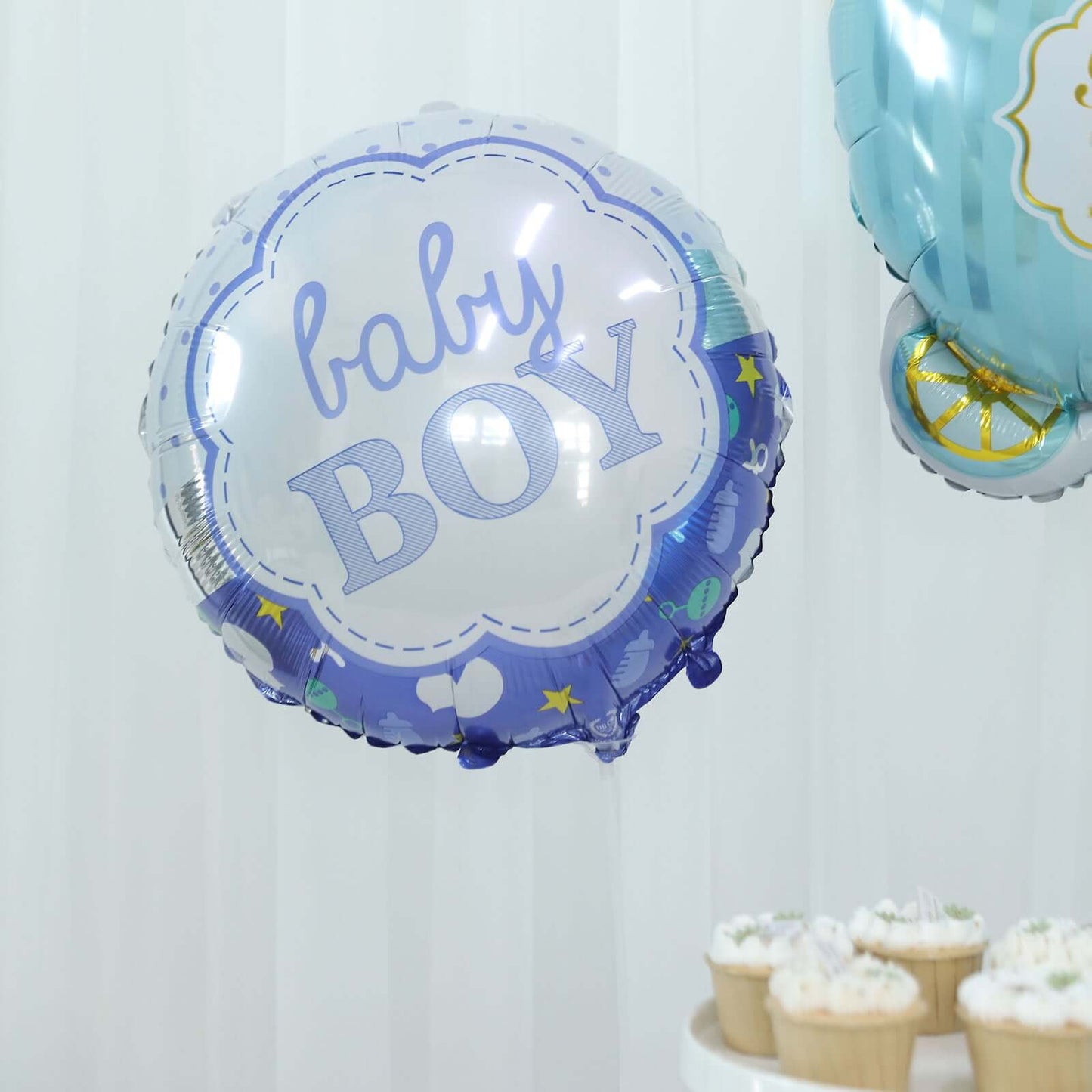 Set of 5 Blue White Boy Baby Shower Mylar Foil Balloon Set, Star, Round and Baby Carriage Balloon Bouquet With Ribbon, Gender Reveal Party Decorations
