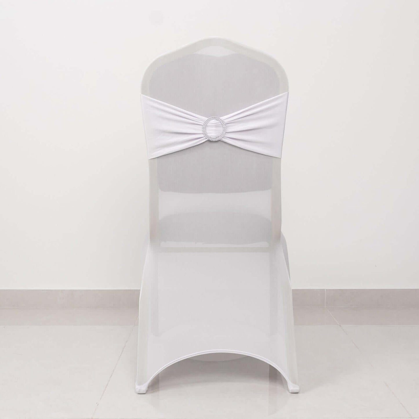 Spandex Chair Cover with Silver Rhinestone Buckled Sash Band White - Stylish Stretch Fitted Slipcover for Banquets & Events