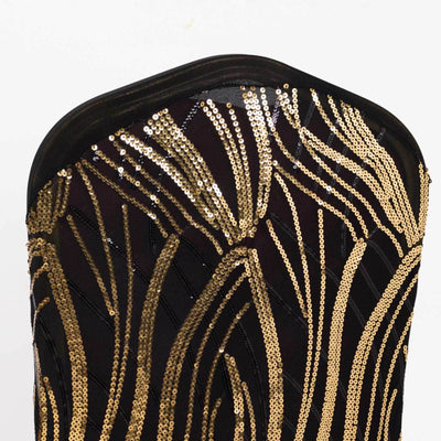 Spandex Chair Cover with Wave Embroidered Sequins for Banquet Chairs Black/Gold - Glittering Stretch Fitted Slipcover