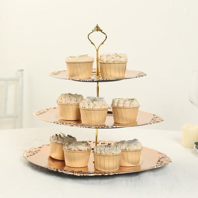 3-Tier Plastic Round Cupcake Stand Metallic Gold - Vintage-Inspired Reusable Dessert Display Holder Tea Party Serving Tray Platter with Baroque Rim & Top Handle 13"