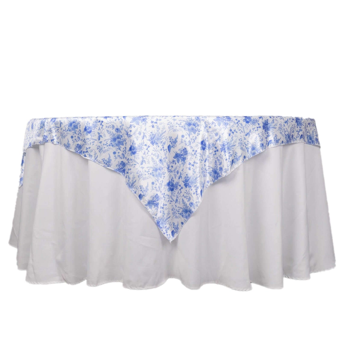 Satin 72"x72" Table Overlay Square Tablecloth White Blue - French Toile Floral Design for Stylish Celebrations