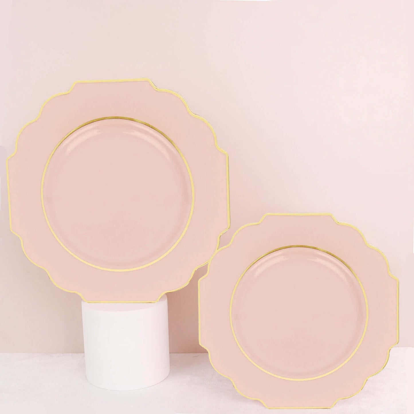 10-Pack Plastic Dinner Plates in Blush Baroque Design with Scalloped Gold Rim - Heavy Duty Disposable Party Plates 11"