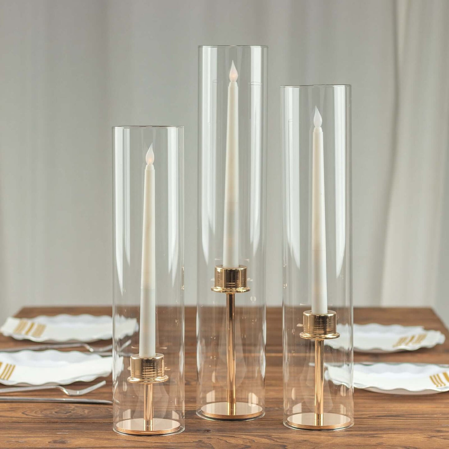 Set of 3 Clear Glass Hurricane Candle Sleeves 3.5" Wide - Chic Pillar Candle Shades Holder Table Centerpiece 15", 17", 19"