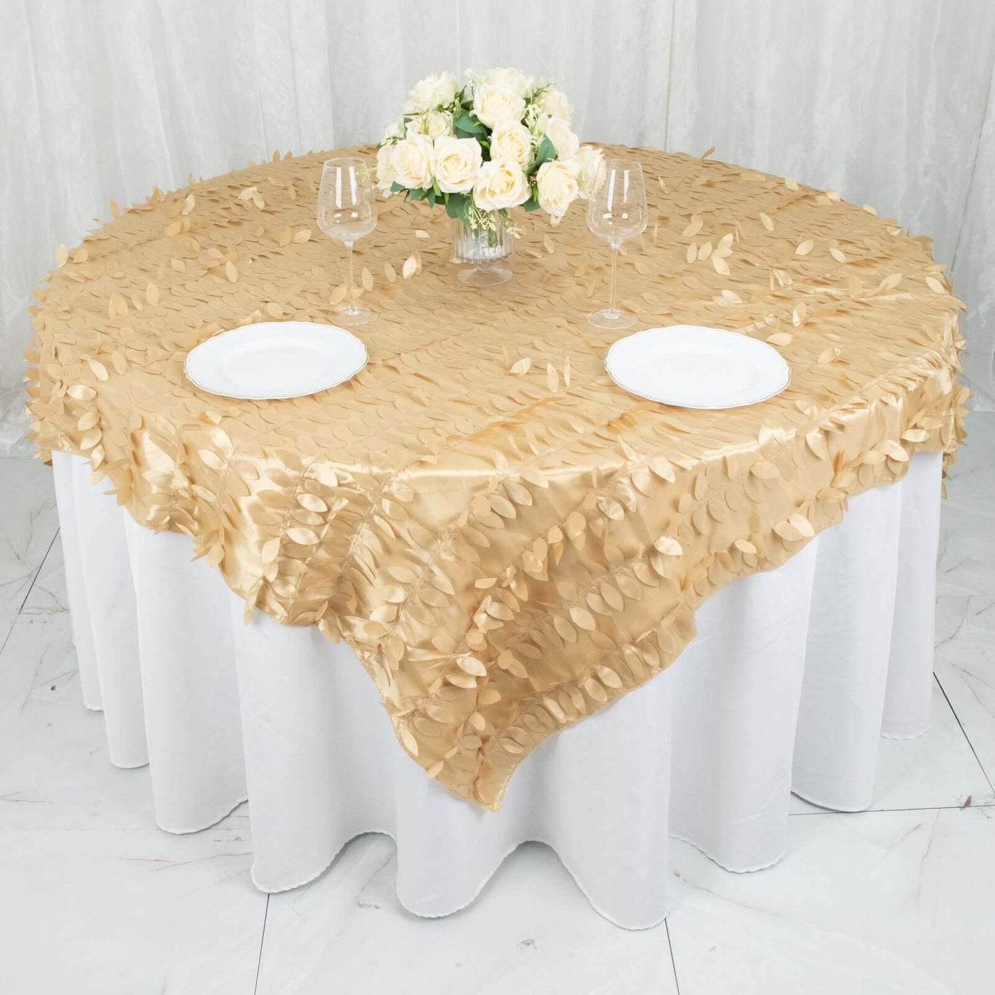 Taffeta 72"x72" Table Overlay Square Tablecloth Champagne - 3D Leaf Petal Table Cover