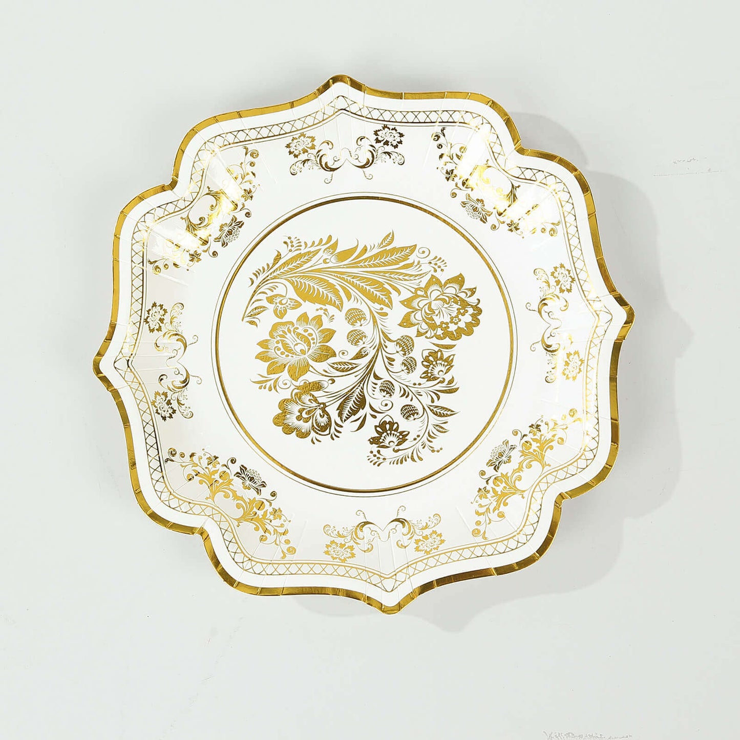 25-Pack Paper Dessert Plates in White with Gold Damask Floral Print & Scallop Rim - Stylish Disposable 300GSM Floral Salad Appetizer Plates for Weddings & Events 8"