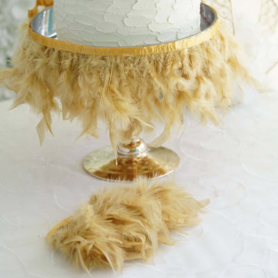 39" Gold Real Turkey Feather Fringe Trim With Satin Ribbon Tape
