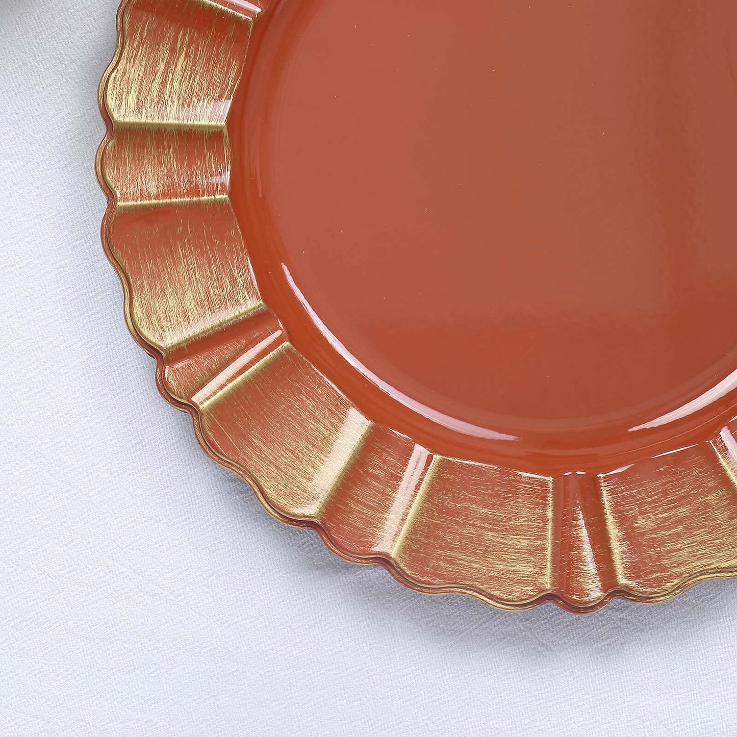 6-Pack Acrylic Plastic Round Charger Plates 13" in Terracotta (Rust) with Gold Brushed Wavy Scalloped Rim, Decorative Dinner Party Charger Tableware