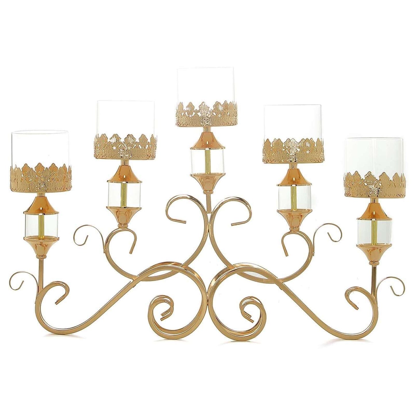 5-Arm Metal Table Candelabra Antique Gold Crown Top Design - Stylish Horizontal Table Centerpiece with Glass Votive Holders 18"
