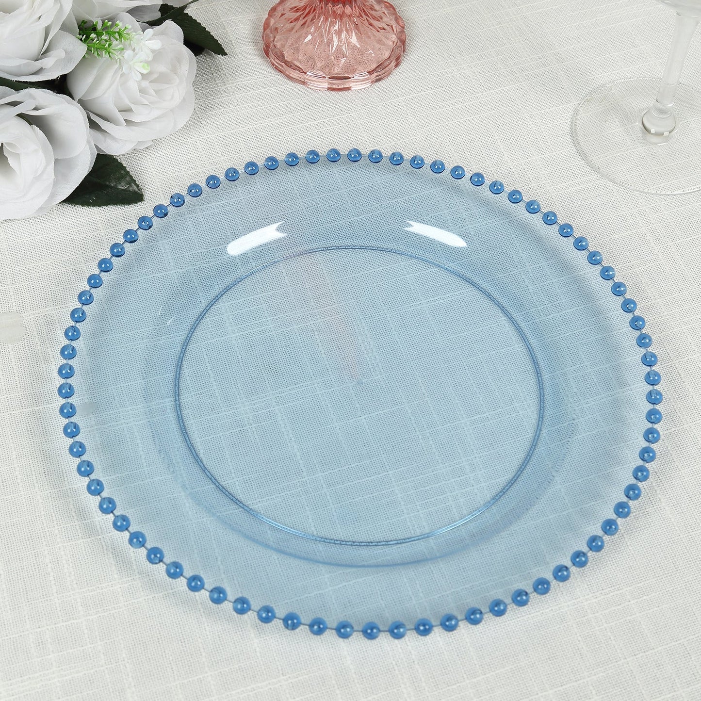 10-Pack Transparent Dusty Blue Plastic Dessert Plates – 8" Round with Beaded Rim, Disposable for Parties & Events