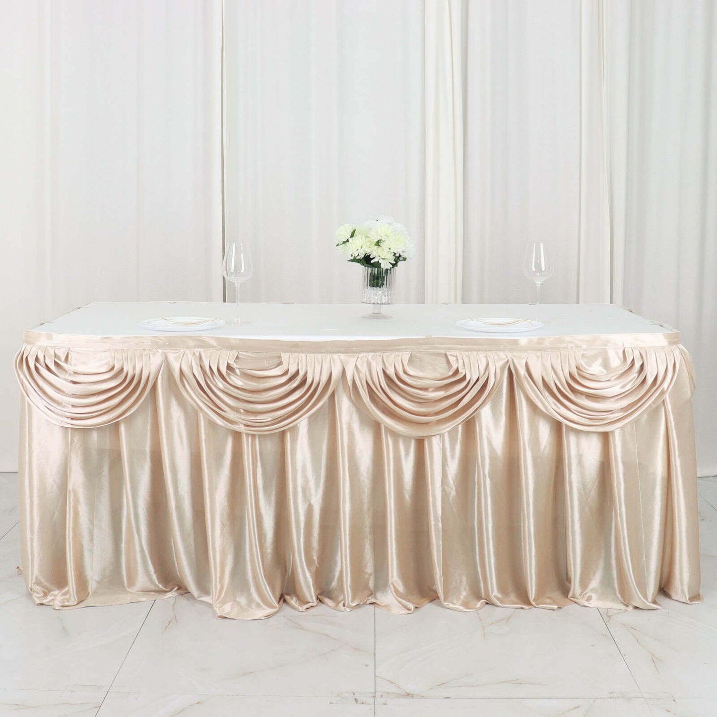 Satin 14ft Table Skirt Beige - Pleated Double Drape Table Cover