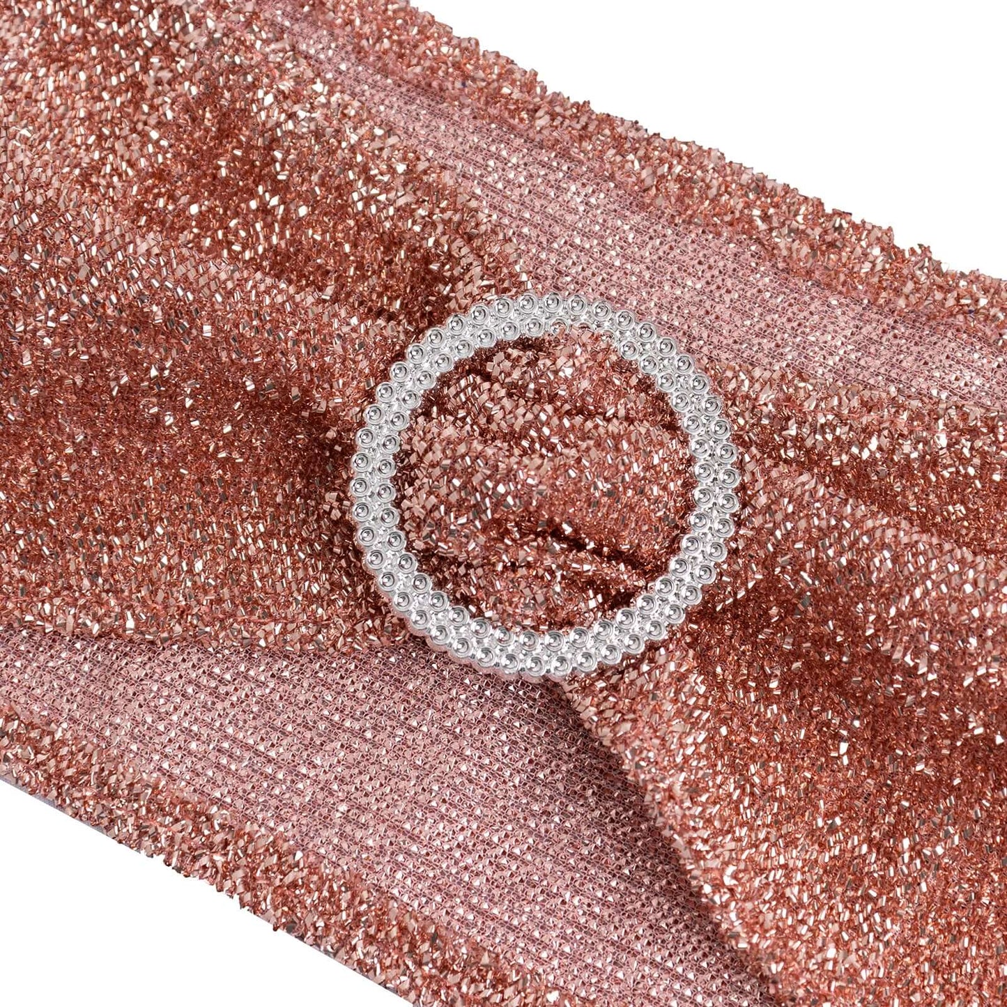 5 Pack Chair Sashes Shimmer Tinsel Spandex 5"x12" with Silver Rhinestone Buckles Rose Gold