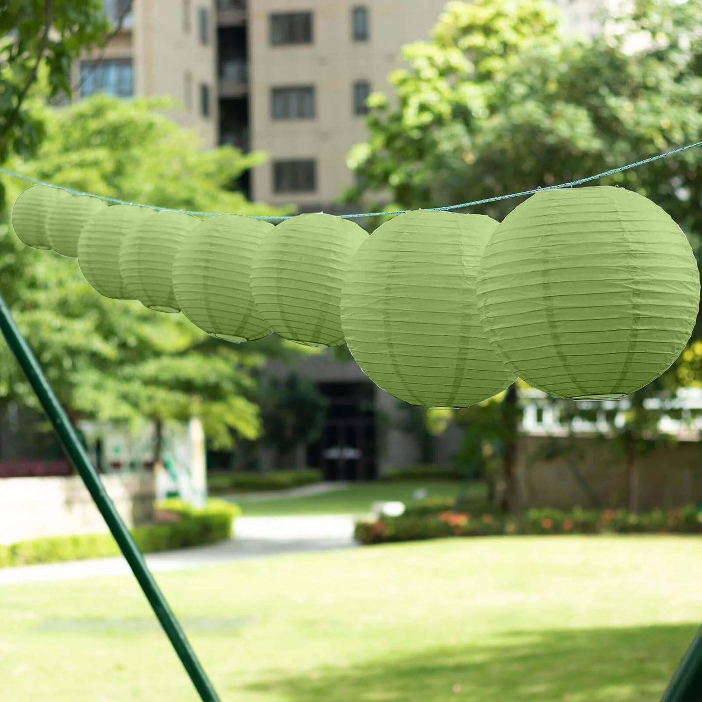 Set of 8 Sage Green Hanging Paper Lanterns, Decorative Round Chinese Sky Lanterns, Assorted Sizes - 6",8",10",14"