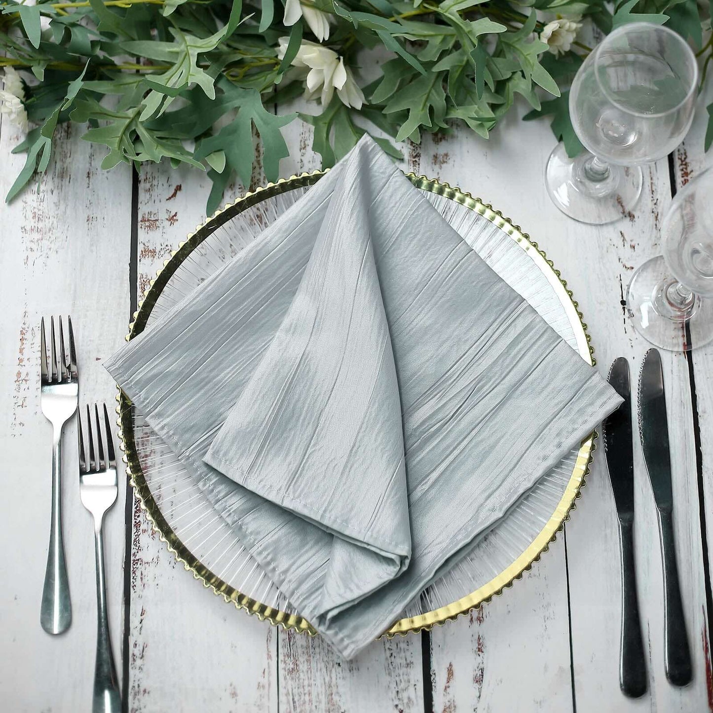 5 Pack Taffeta 20"x20" Napkins Silver - Accordion Crinkle Dinner Napkins