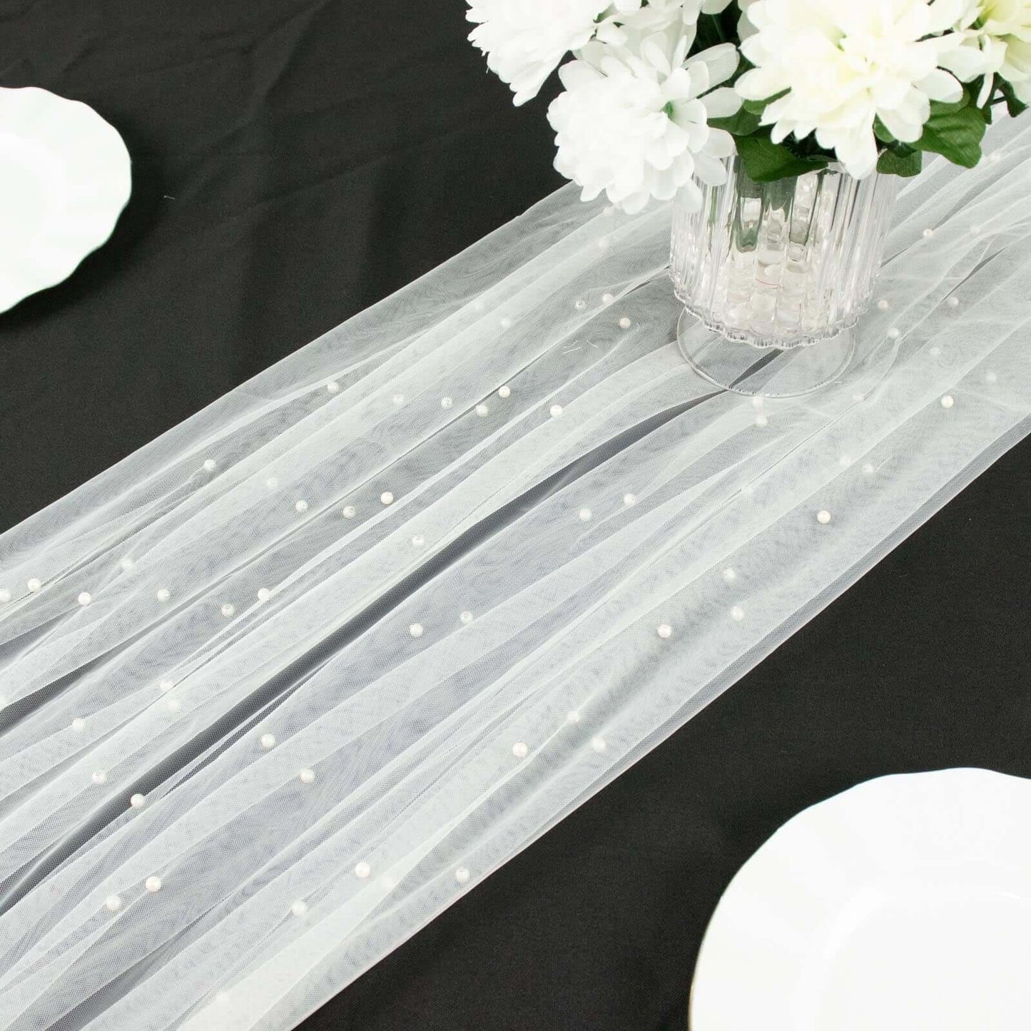 Sheer Tulle 48"x120" Table Runner White Pearl Embellished - Stylish Wedding & Event Table Linen