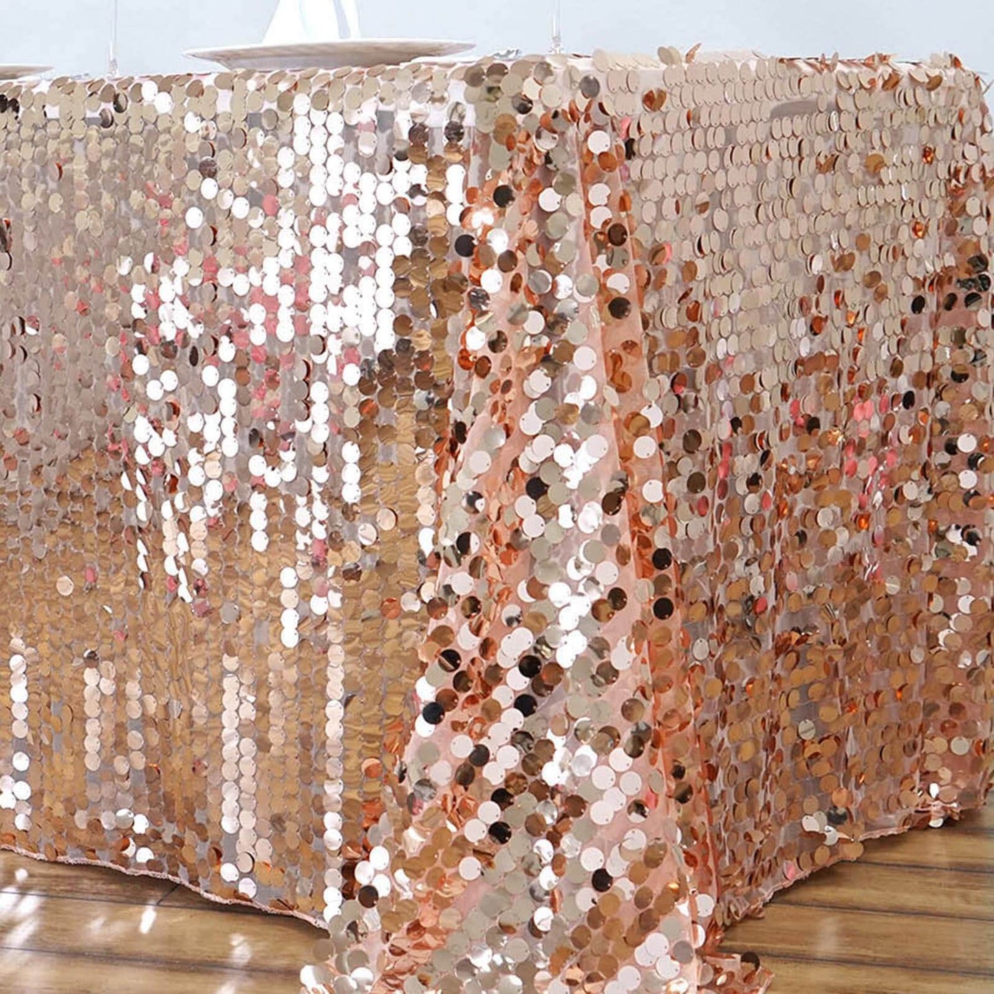 Sequin 90"x156" Rectangle Tablecloth Rose Gold - Seamless Big Payette Table Cover