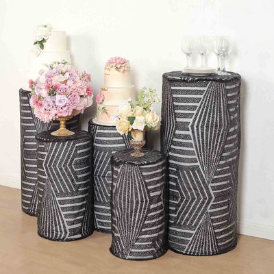 Set of 5 Black Sequin Mesh Cylinder Pedestal Stand Covers with Geometric Pattern Embroidery, Sparkly Sheer Tulle Pillar Prop Covers