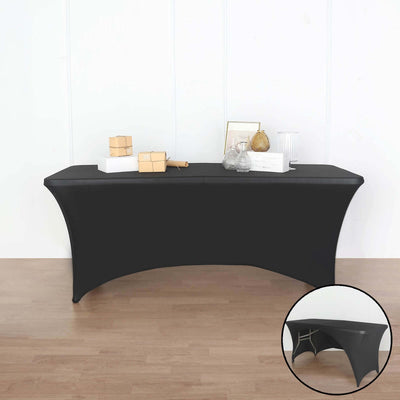Stretch Spandex 96"x30" Rectangle Table Cover Black with Curved Open Back Design Tailored Professional Look for Tradeshows, Events & Exhibitions