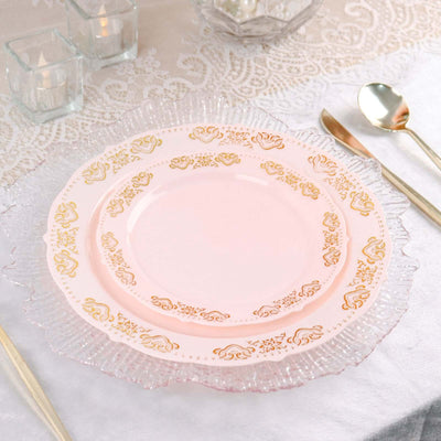 10-Pack Plastic 10" Round Dinner Plates in Blush with Gold Embossed Scalloped Edge - Chic Disposable Party Plates for Special Occasions & Banquets