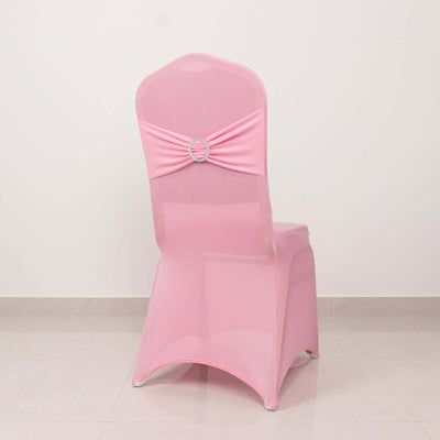 Spandex Chair Cover with Silver Rhinestone Buckled Sash Band Pink - Stretch Fitted Slipcover