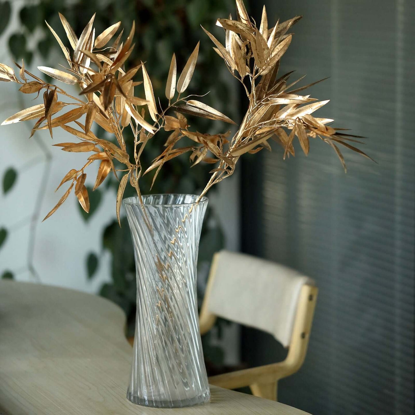 2-Pack Artificial Metallic Bamboo Leaf Branches Gold - Shiny Faux Plant Stems Vase Filler Floral Arrangement Centerpiece Decor 33"