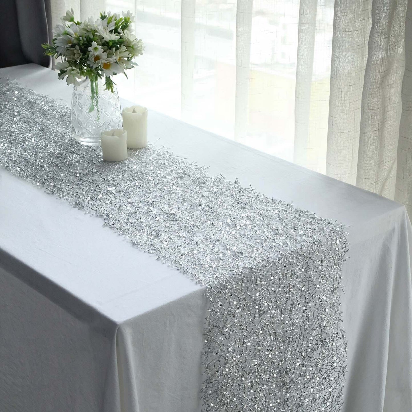 Mesh 12"x108" Table Runner Silver - Sequin Schiffli Lace Design for Stylish Celebrations