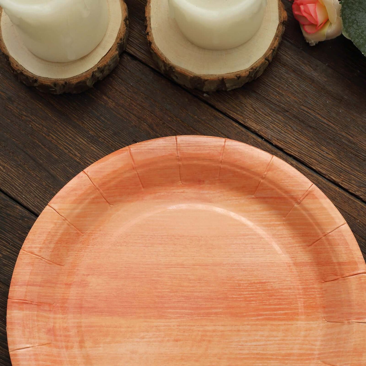 25-Pack Paper 7" Round Dessert Plates in Natural Wood Grain Print - Disposable Appetizer Salad Plates for Rustic Farmhouse Style Events