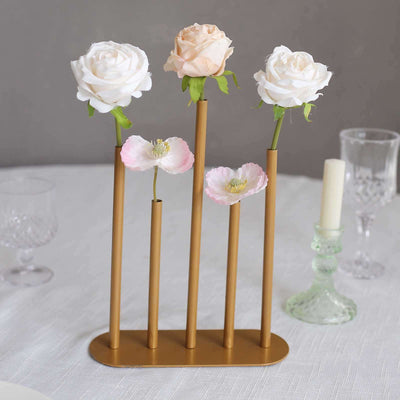 Bud Vase Gold Metal Minimalist Design with 5-Tubes - Single Stem Flower Centerpiece 10’’ - Centerpieces