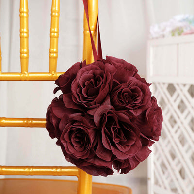 2 Pack 7" Burgundy Artificial Silk Rose Kissing Ball, Flower Ball