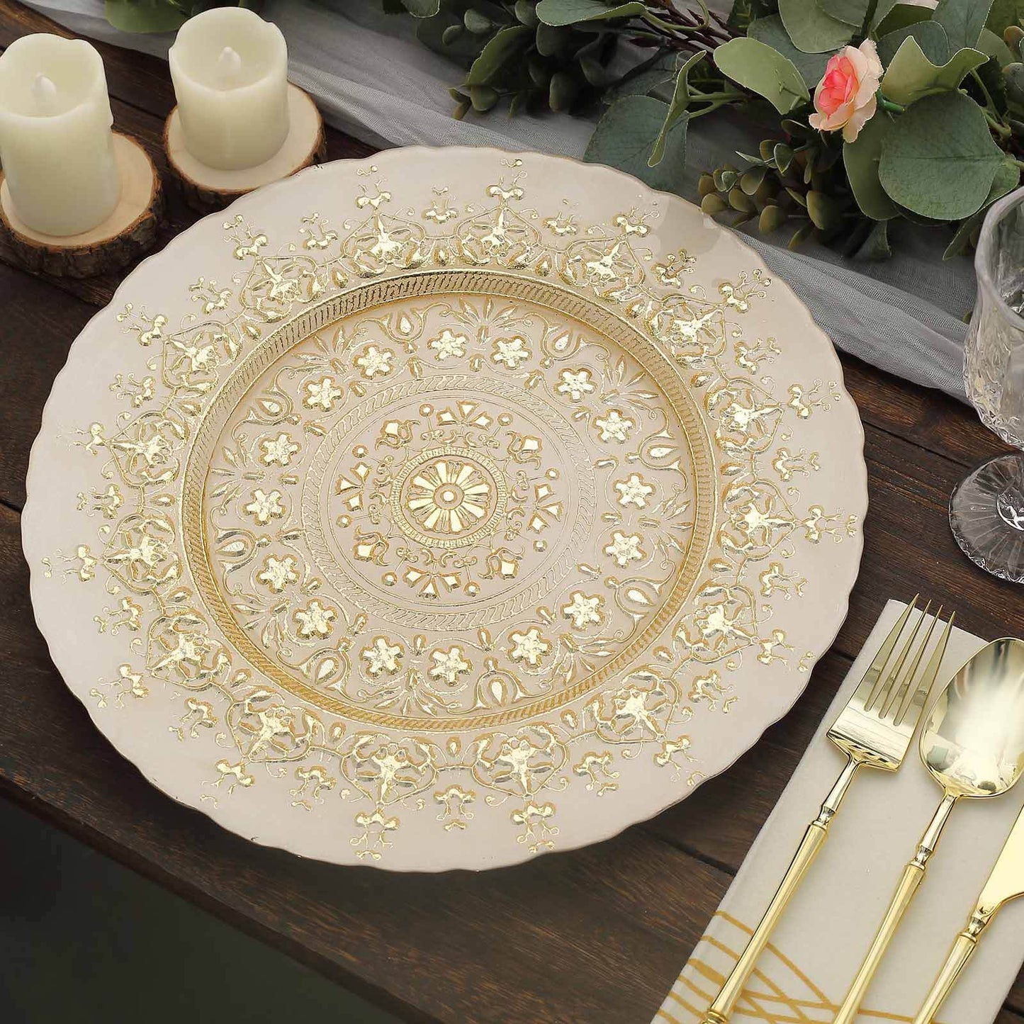 8-Pack Glass Round Charger Plates 13" in Gold with Monaco Style Ornate Design, Classy Decorative Dinner Chargers