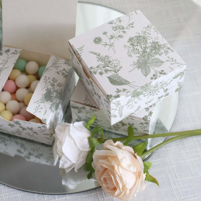25 Pack White Sage Green Paper Favor Boxes in French Toile Pattern, Cardstock Party Shower Candy Gift Boxes - 4"x4"x2"