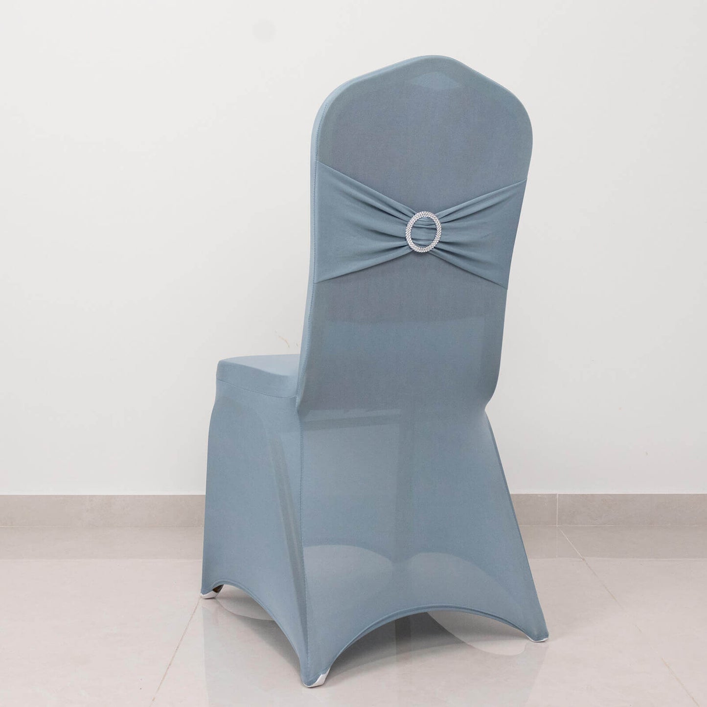 Spandex Chair Cover with Silver Rhinestone Buckled Sash Band Dusty Blue - Stretch Fitted Slipcover