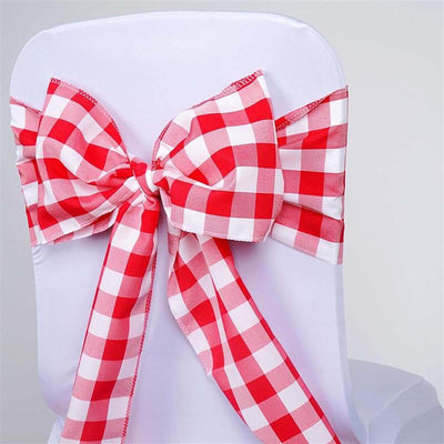 5 Pack Polyester Chair Sashes Red/White Buffalo Plaid - Durable & Reusable Chair Bows 6"x108"