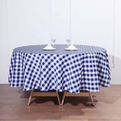 Polyester 90" Round Tablecloth White/Navy Blue - Checkered Buffalo Plaid Table Cover