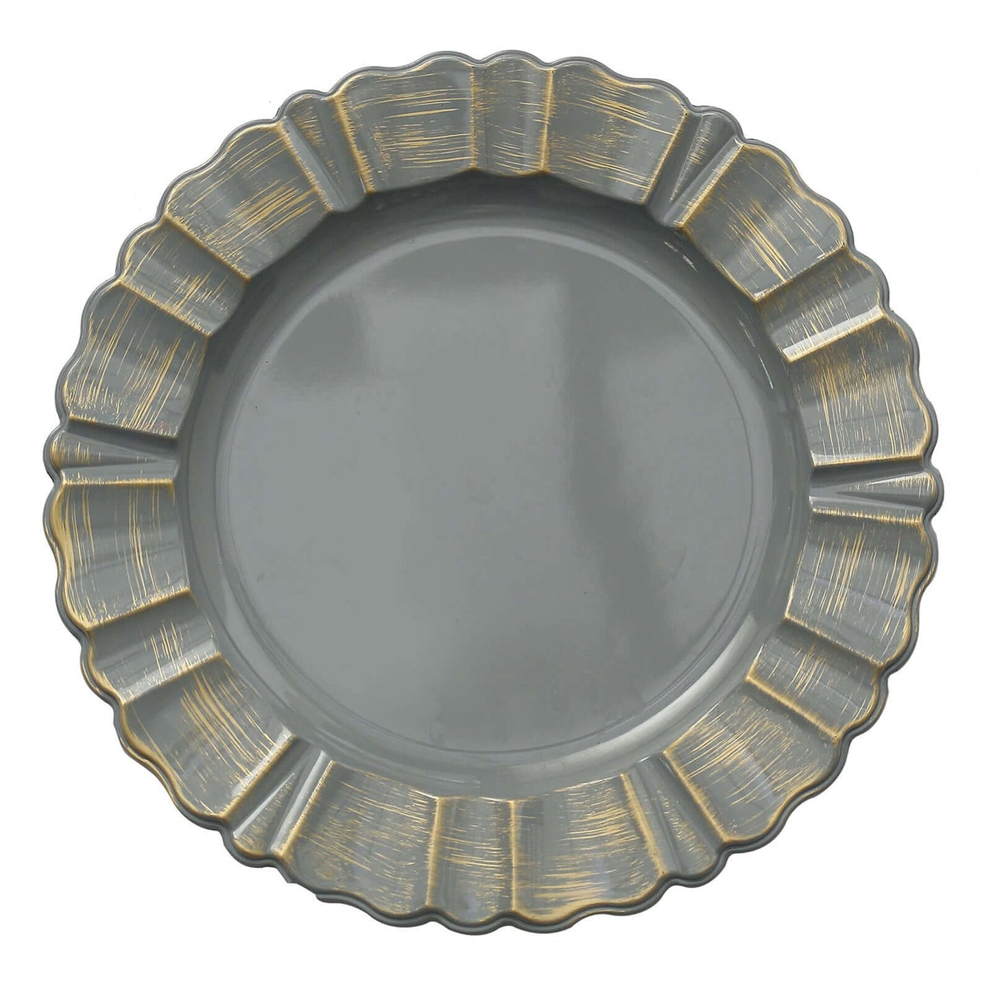 6-Pack Acrylic Plastic Round Charger Plates 13" in Charcoal Gray with Gold Brushed Wavy Scalloped Rim, Decorative Dinner Party Charger Tableware