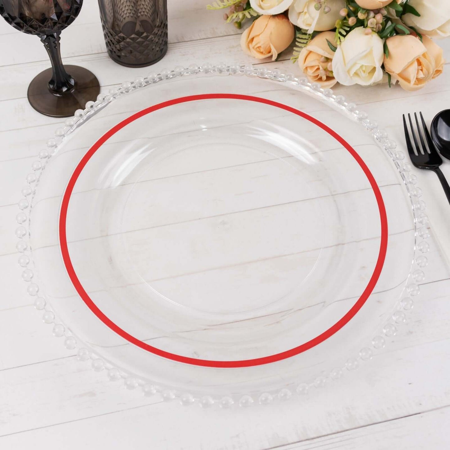 10-Pack Plastic 10" Round Dinner Plates in Clear with Red Rim - Disposable Party Plates for Classy Banquets & Special Occasions