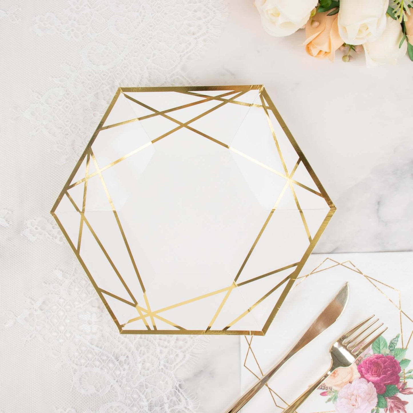25-Pack Paper 9" Hexagon Dinner Plates in White with Gold Geometric Lines & Rim