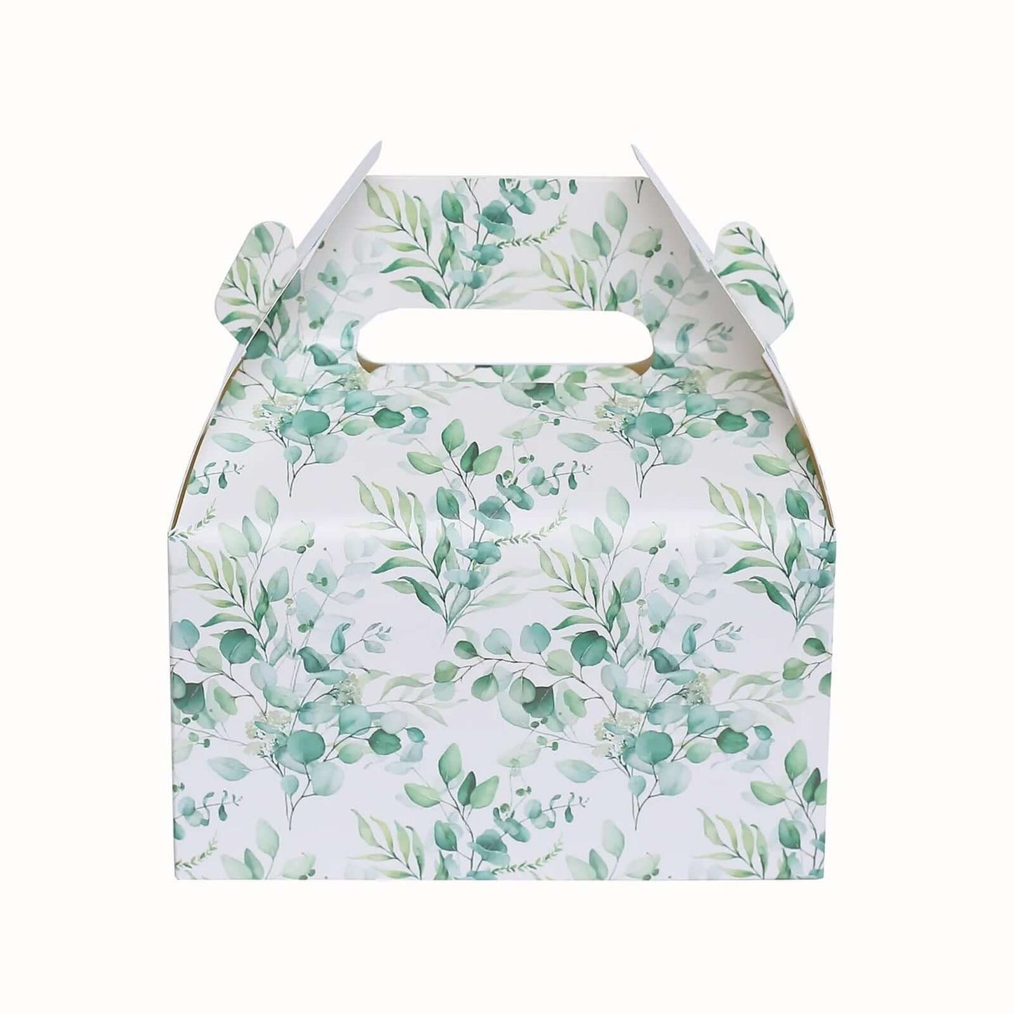 25 Pack White Green Candy Gift Tote Gable Boxes with Eucalyptus Leaves Print, Party Favor Treat Boxes - 6"x3.5"x7"