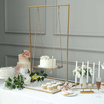 Metal Cake Swing Stand with Jute Rope Gold - Chic Hanging Dessert Display Centerpiece for Upscale Event Table Decor 3ft Tall