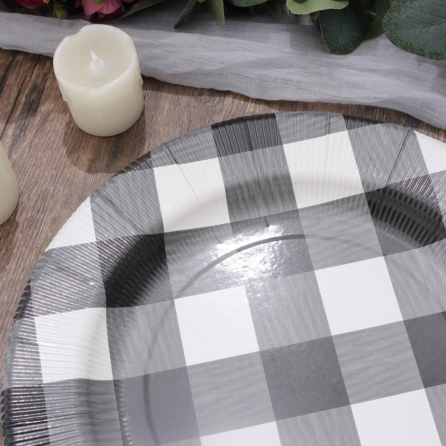 10-Pack Disposable Paper Charger Plates – Black/White Buffalo Plaid 13" Round Table Chargers, 350 GSM Cardstock
