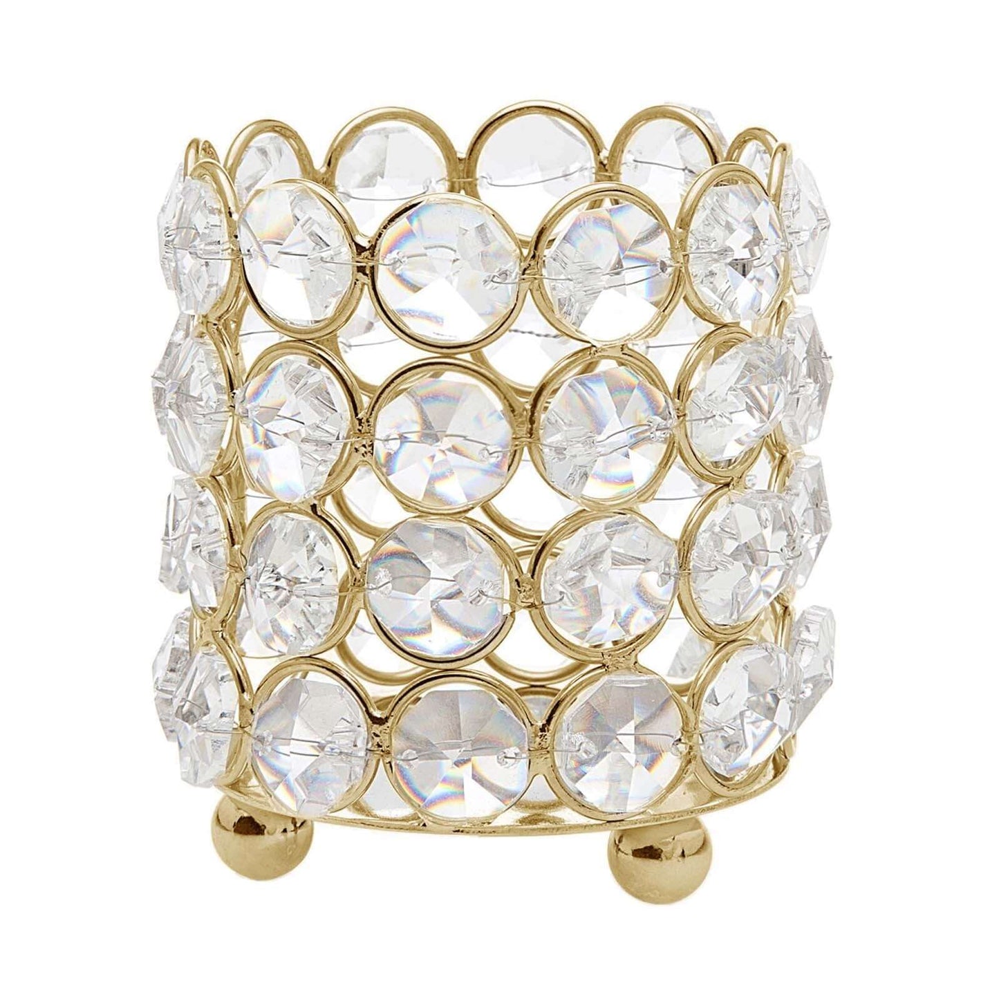 Crystal Beaded Metal Votive Tealight Holder Gold - Stylish Multipurpose Table Vase for Decor 4"