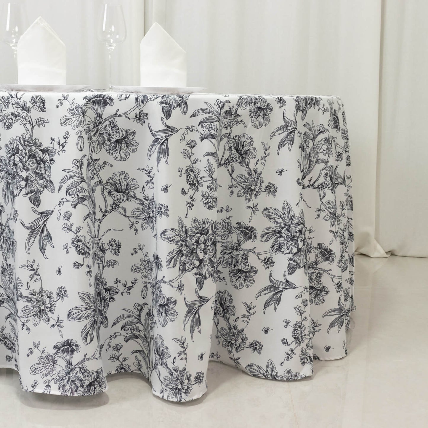 Polyester 120" Round Tablecloth White - Black French Toile Pattern for Chic Weddings