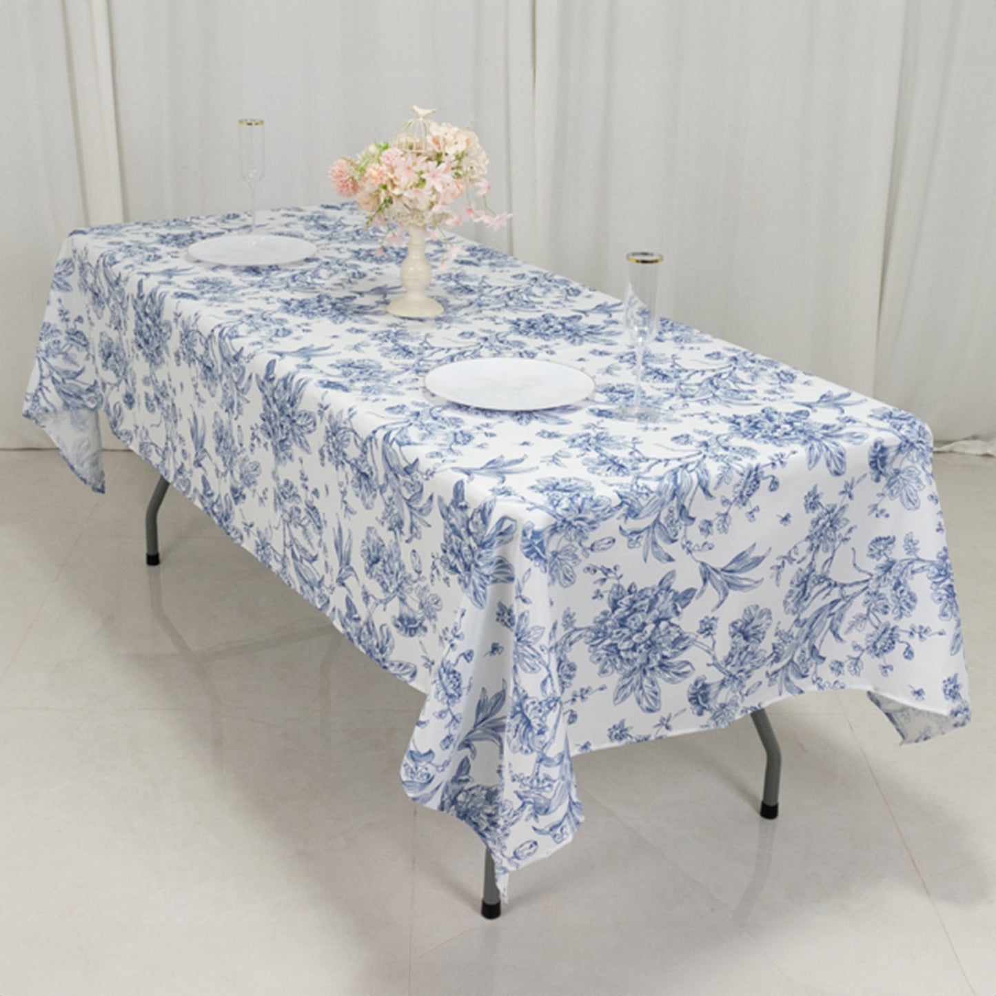 Polyester 60"x102" Rectangle Tablecloth White - Blue French Toile Pattern for Elegant Gatherings