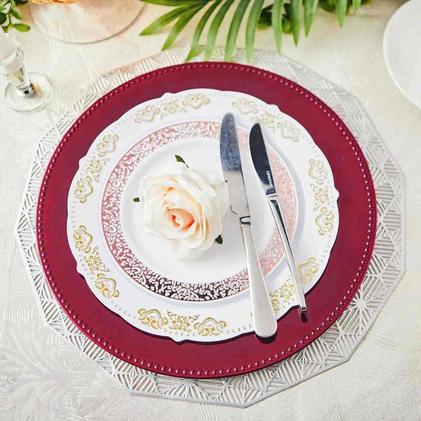 6-Pack Acrylic Round Charger Plates 13" in Burgundy with Beaded Rim, Dinner Charger Event Tabletop Decor